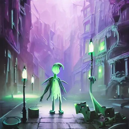 Prompt: a being of green ghostly viscous slime ooze making its way through abandoned midnight streets, skeletal ghosts, wisp lights, rhads,