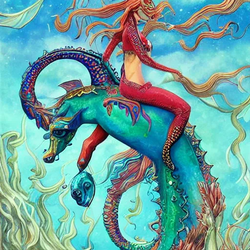 Prompt: merfolk riding seahorses, trending on artstation, colorful, intricate, art by aurore folny and ekaterina burmak