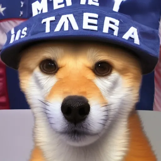 Image similar to doge wearing a make america great again cap, realistic, super detailed, wide shot, 8 k,