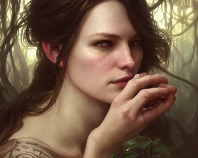 Image similar to photography of alyssa monks, deep focus, d & d and mtg, fantasy, intricate, elegant, highly detailed, digital painting, artstation, concept art, matte, sharp focus, illustration, hearthstone, art by artgerm and greg rutkowski and alphonse mucha