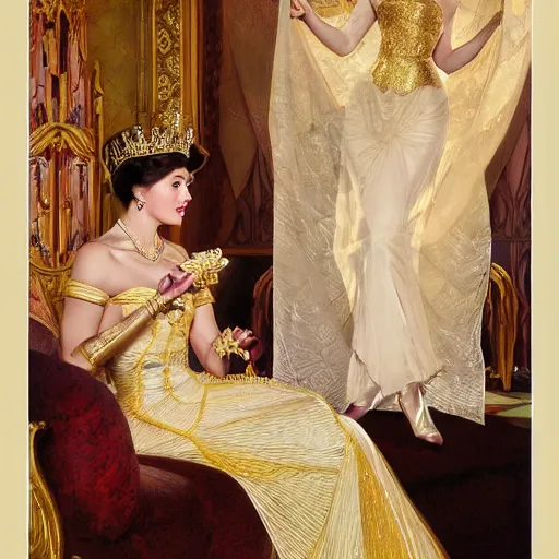Prompt: kneeling before a condescending queen, sitting in a chair while posing for a photo, royal gown, golden detailing, medium shot, intricate, elegant, highly detailed, digital painting, volumetric light, artstation, concept art, smooth, sharp focus, illustration, art by Gil Elvgren and Greg Rutkowski and Alphonse Mucha, 8K