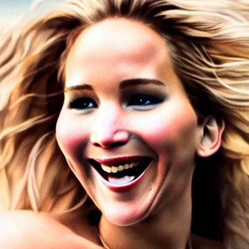 Image similar to beautiful hyperrealism hyperdetailed candid portrait of jennifer lawrence smiling widely in happy disbelief because of a marriage proposal from jennifer lawrence, flushed face, red blush, puffy lips, soft features, 8 k, sharp focus, golden hour, beach setting