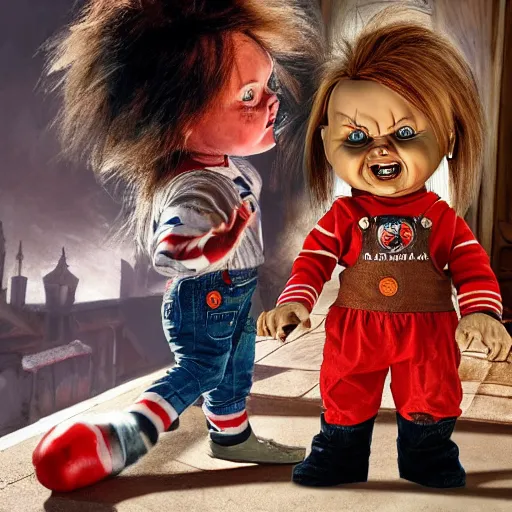 Image similar to the doll chucky in the punching the doll annabelle, epic mma fight, dramatic poses, cinematic, disneyland as backdrop, oil painting, by greg rutkowski