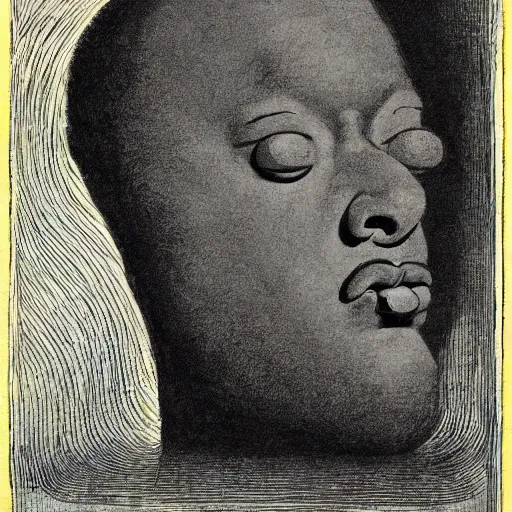 Prompt: floating black man's head sleeping, j. j. grandville, william blake, outline, paint brush