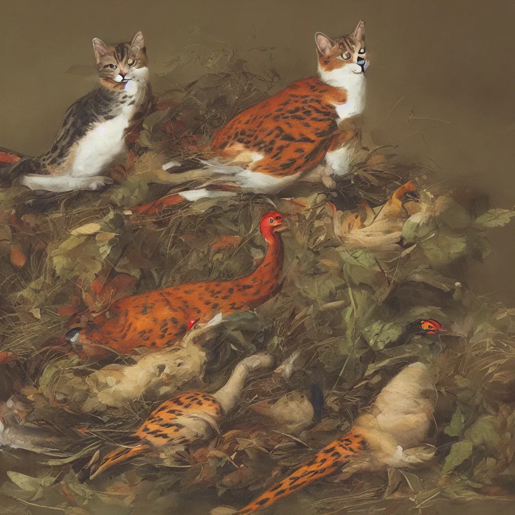 Image similar to cat and pheasant mix, art gallery, art museum, 4k, 8k