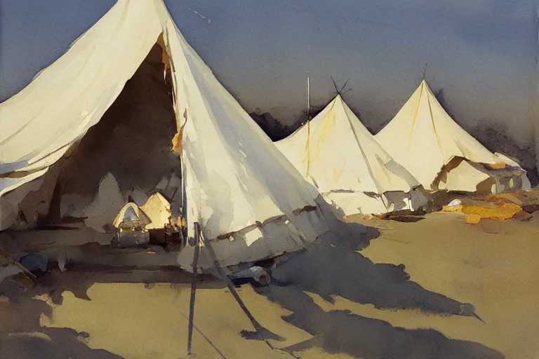 Image similar to small centered on white watercolor paper, paint brush strokes, abstract watercolor painting of nomad tent camp, scandinavia, smoke, midday sharp light, cinematic light, american romanticism by hans dahl, by jesper ejsing, by anders zorn, by greg rutkowski, by greg manchess, by tyler edlin