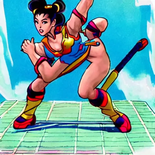 Prompt: chun li stomping a goomba with a pogo stick.