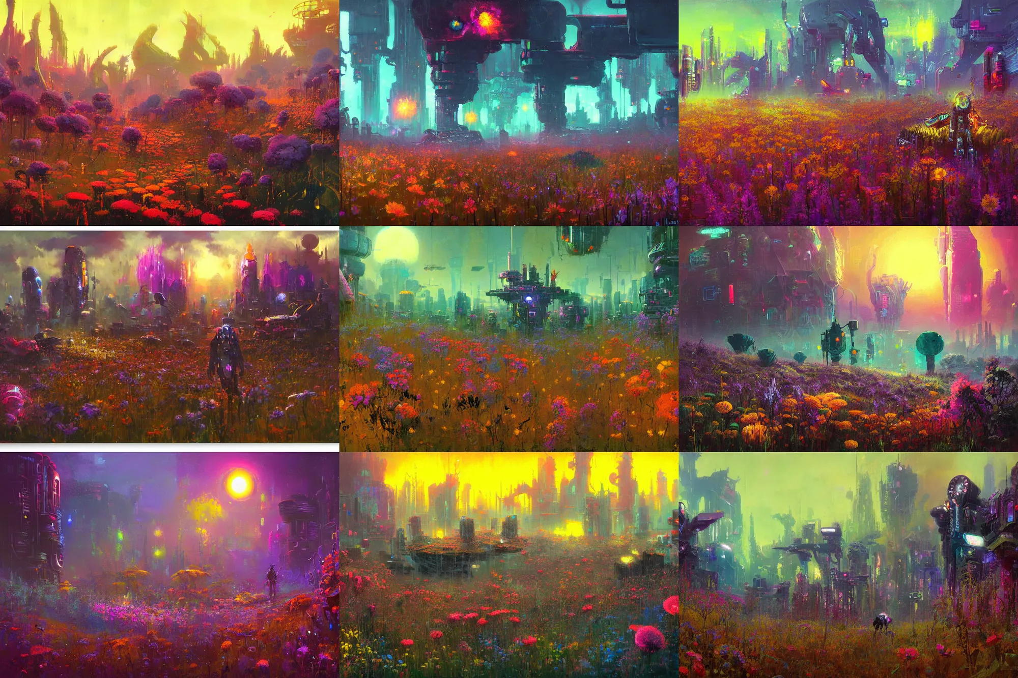 Prompt: a cyberpunk wild flower meadow by paul lehr