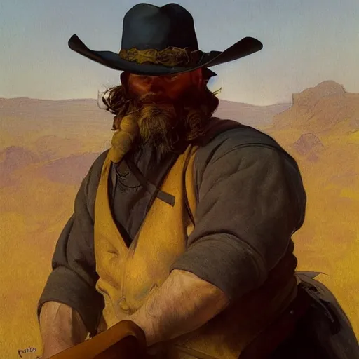 Image similar to N. C. Wyeth painting bearded gunslinger, painted fantasy character portrait, headshot, fantasy, highly detailed, digital painting, artstation, concept art, sharp focus, illustration, art by the golden age of American illustration archive, simon bisley and frank frazetta, artgerm and greg rutkowski and alphonse mucha