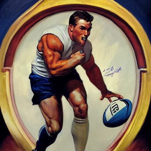 Prompt: handsome rugby player in a running pose, holding the rugby ball in his arm, full color painting by J.C. Leyendecker