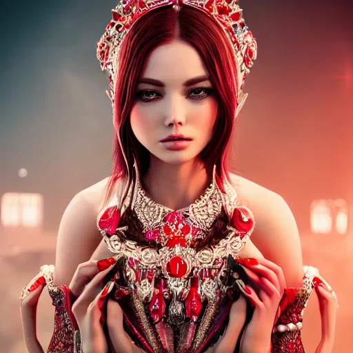 Image similar to wonderful princess with smooth fair skin, alluring eyes, red jewelry, breathtaking, elegant, intricate, hyper detailed, accent lighting, 4 k glamour photography, octane render