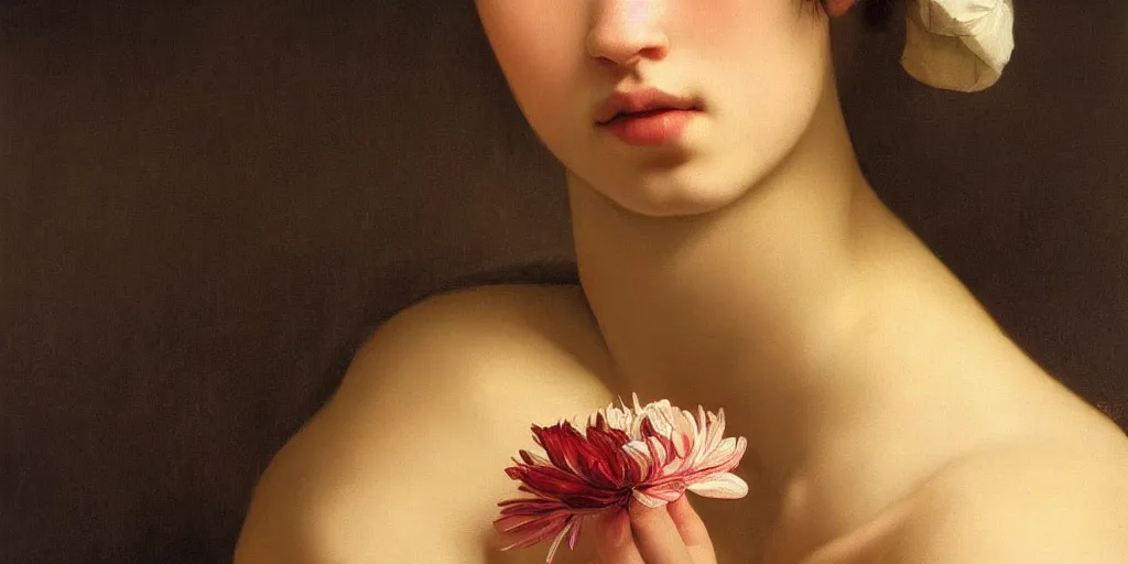 Prompt: beautiful oil matte portrait painting, man eyeing a flower petal, close up, bokeh, wonderful masterpiece highly detailed, beautiful cinematic light deep focus, elegant, digital painting, smooth, sharp focus, golden ratio, dramatic illumination, ultra realistic, 8 k, art by artemisia lomi gentileschi and caravaggio