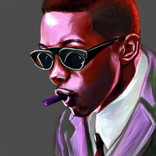 Prompt: A portrait of a young black man wearing a purple suit and sunglasses with a cigar in his mouth ,D&D, elegant, hopeful, muscular, highly detailed, digital painting, artstation, concept art, smooth, sharp focus, illustration