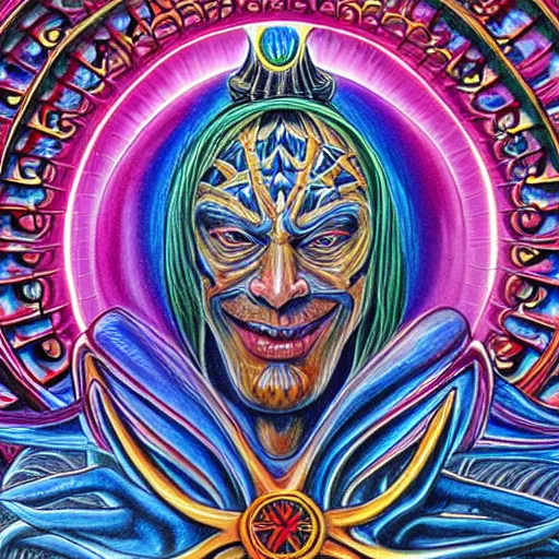 Image similar to Alex Grey artwork of a scheming jester offering a card