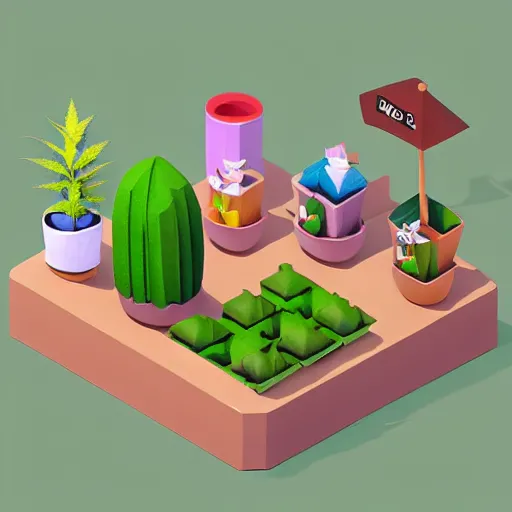 Image similar to isometric cute cartoon of minimalist seed shop cafe decorated a few cannabis leaf pots. by benoit mandelbrot, render pixar palette, low poly digital art artstation artgerm