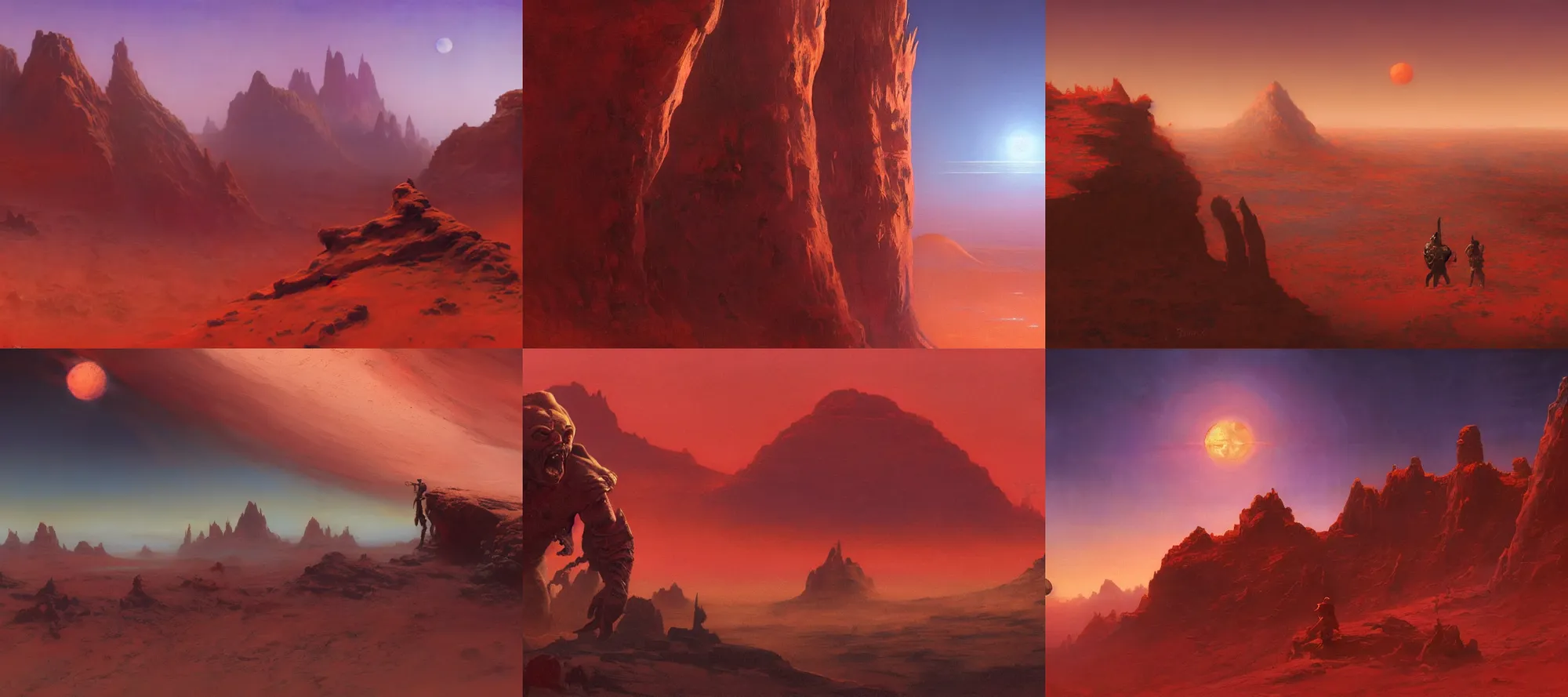 Prompt: john carter of mars, martian landscape, close up, red haze, two moons in the sky, edgar rice burroughs, epic feels, high details, oil painting by frank frazetta and craig mullins, 8 k
