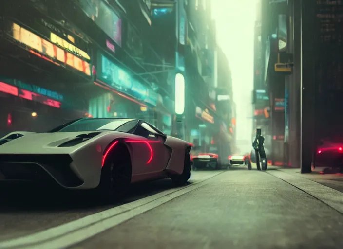 Image similar to Bladerunner2049 street racing man leaning cool pose on his white sports car with red emissives volumetric lighting Cyberpunk RTX ray marching street