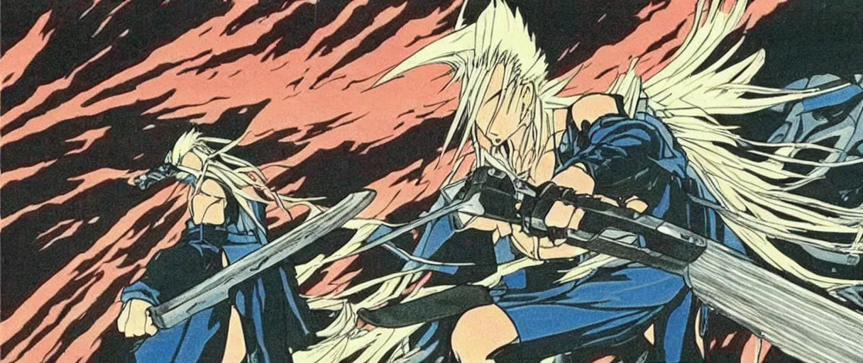 Image similar to “still frame of Sephiroth in Akira anime (1988) by Katsuhiro Otomo”