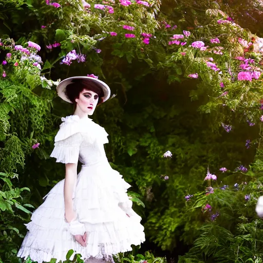 Image similar to full body fashion model emma watson smokey eyes makeup eye shadow fantasy, glow, shimmer as victorian woman in a long white frilly lace dress and a large white hat having tea in a sunroom filled with flowers, roses and lush fern flowers ,intricate, night, highly detailed, dramatic lighting , high quality