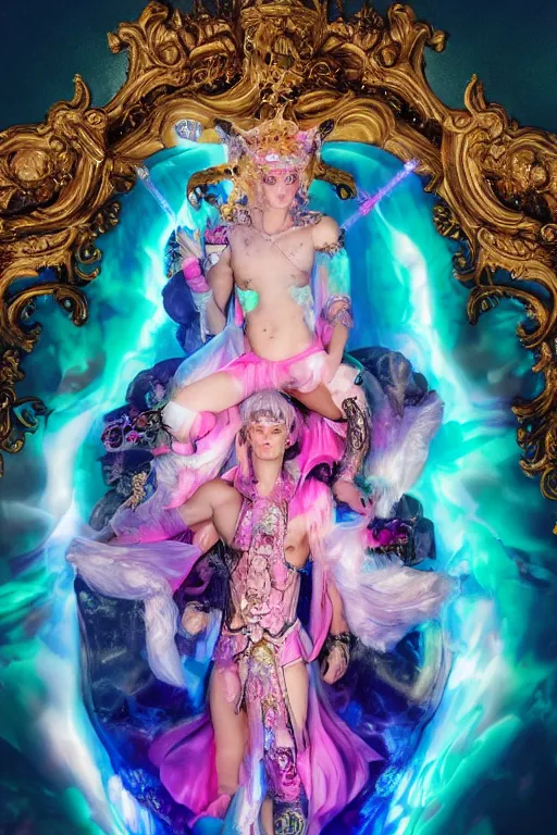 Image similar to full-body rococo and cyberpunk delicate neon crystalline sculpture of ((young muscular onyx albino prince Zayn Malik)) as an blue iridescent humanoid deity wearing ((peach plastic hooded cloak)) (holding a human skull) in a onyx castle dungeon, reclining, glowing pink face, crown of (pink lasers), large blue diamonds, swirling black silk fabric. futuristic elements. oozing glowing liquid, full-length view. space robots. intricate artwork by caravaggio. Trending on artstation, octane render, cinematic lighting from the right, hyper realism, octane render, 8k, depth of field, 3D
