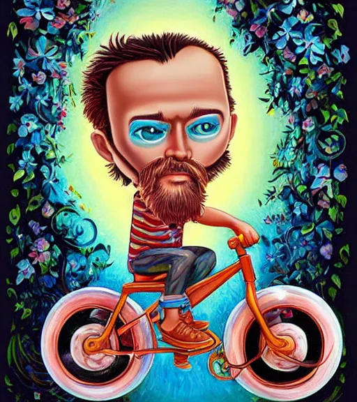 Image similar to Jason Momoa on a tricycle, lowbrow painting by Jeremiah Ketner and Hiroyuki Mitsume-Takahashi and Goro Fujita and Mark Ryden