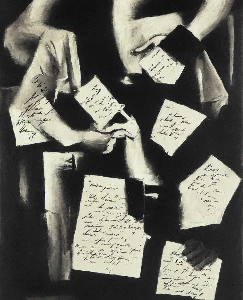 Image similar to a beautiful painting of a soldier's hand writing a letter to home with wwii in background, black and white, painted by laszlo moholy - nagy