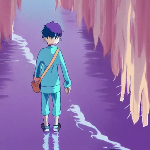 Image similar to friendly purple guy in studio ghibli artstyle, art, smooth, highly detailed, 4k, art, anime, colorful, river, beautiful scene,