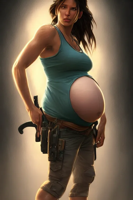 Prompt: pregnant lara croft in a tank top, realistic portrait, symmetrical, highly detailed, digital painting, artstation, concept art, smooth, sharp focus, illustration, cinematic lighting, art by artgerm and greg rutkowski and alphonse mucha