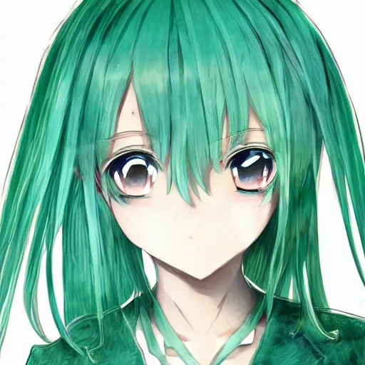 Image similar to hatsune miku short hair, anime style, hyper detailed, light green dress, illustration, digital painting, high delicate defined details, anime stylized, highly detailed, realistic, sharp focus