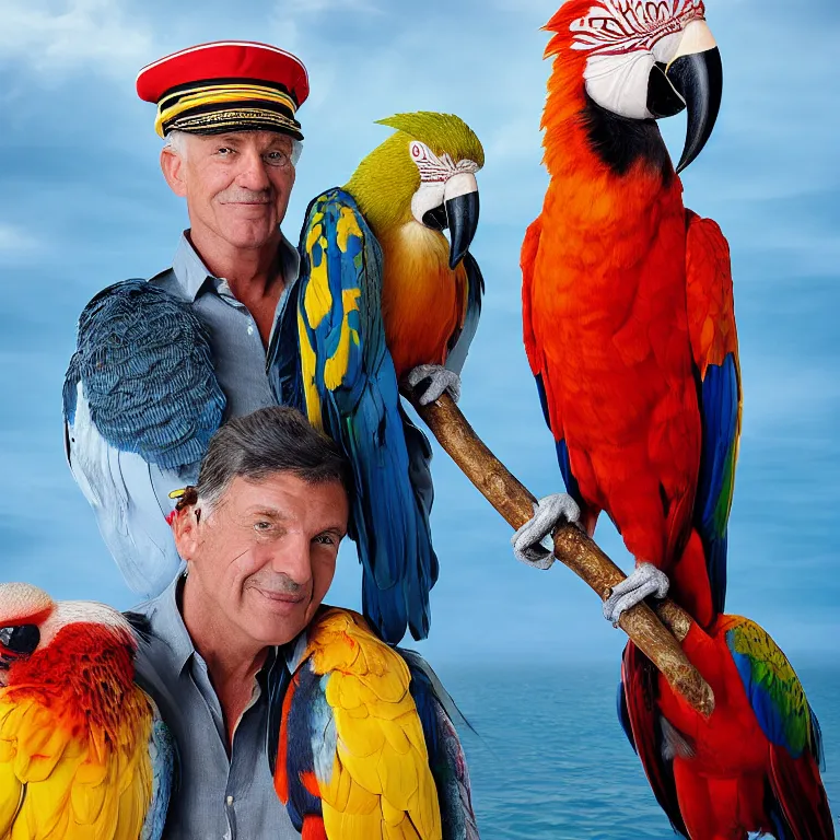 Prompt: high fashion photoshoot octane render portrait by wayne barlow and carlo crivelli and glenn fabry, a distinguished sea captain wearing a colorful uniform and holding a colorful macaw while standing on a beautiful high - end white and wood yacht, very short depth of field, bokeh