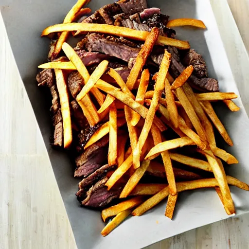 Prompt: french steak fries pile, burnt with ketschup - t