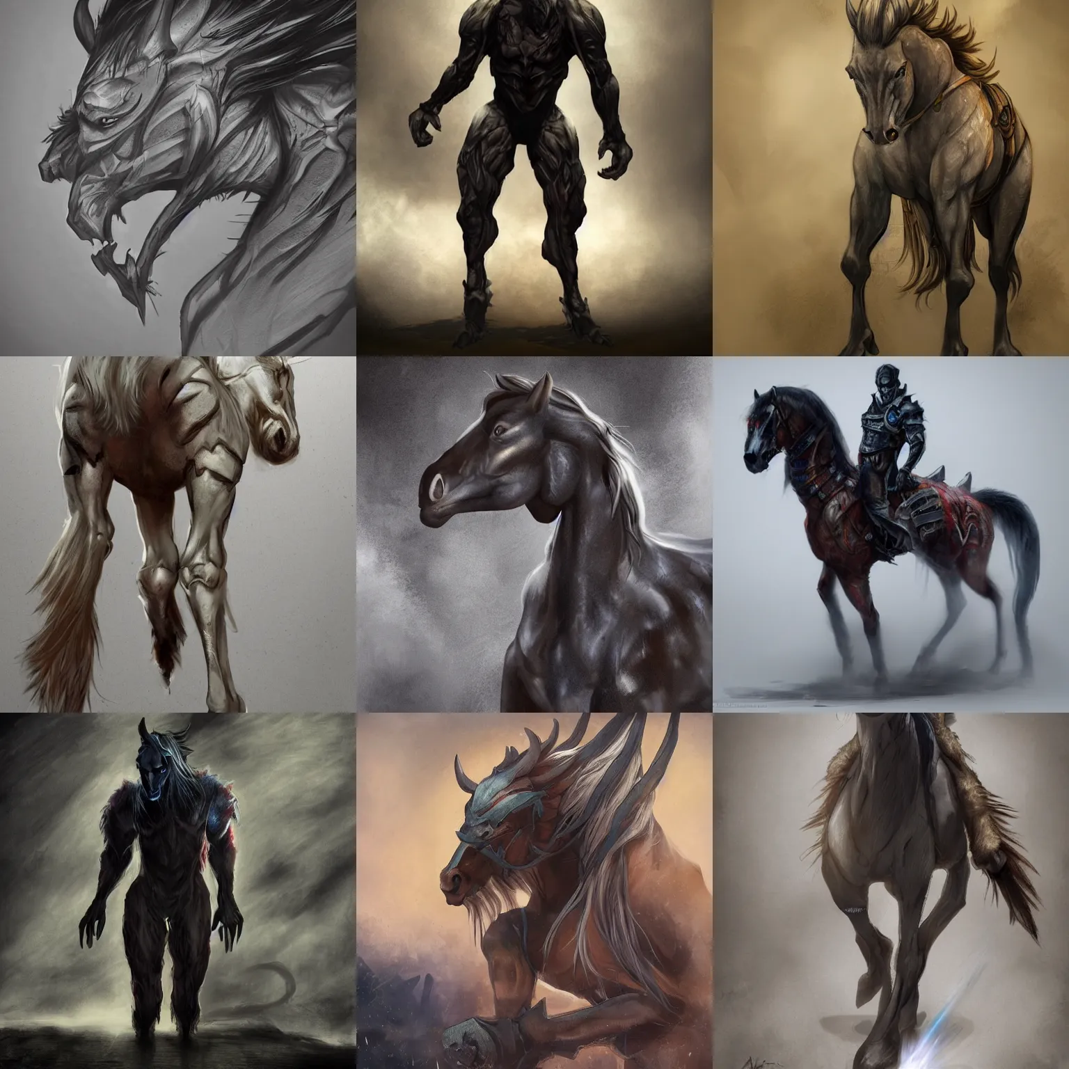 Prompt: studio photo of a dramatic lighting, character design of a horse human monster trending on artstation. monster character, human