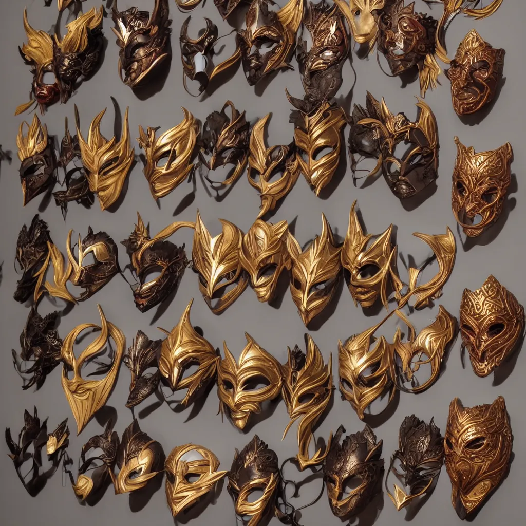 Prompt: a collection of a masquerade masks hanging on a wall by artgerm, dramatic lighting, highly detailed, trending on artstation