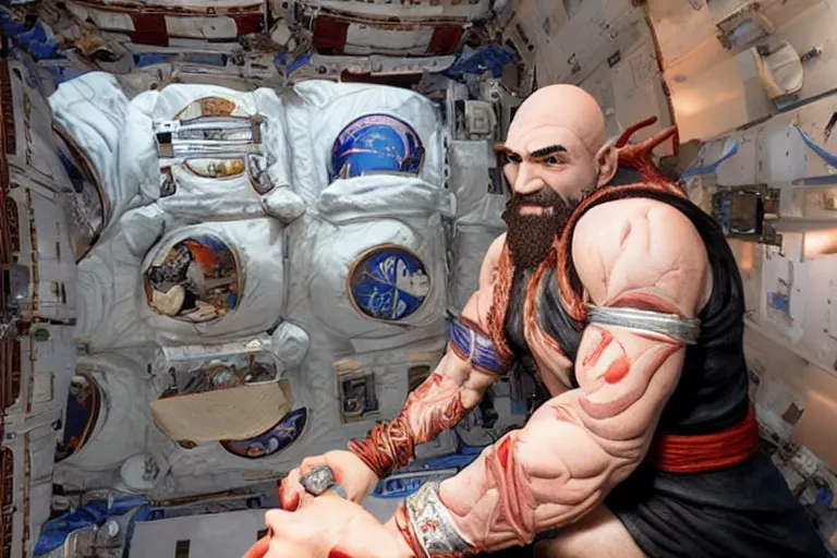 Prompt: kratos from the god of war videogame eating ramen noodles in the international space station