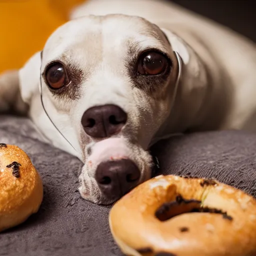 Image similar to closeup photo of cute pariah - dog eating bagles from mesh bag, shallow depth of field, cinematic, 8 0 mm, f 1. 8