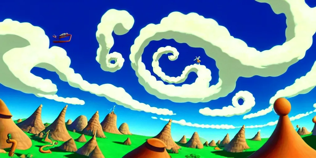 Image similar to cartoon concept art, clean blue sky, spiral clouds, from sam and max, from the hortons