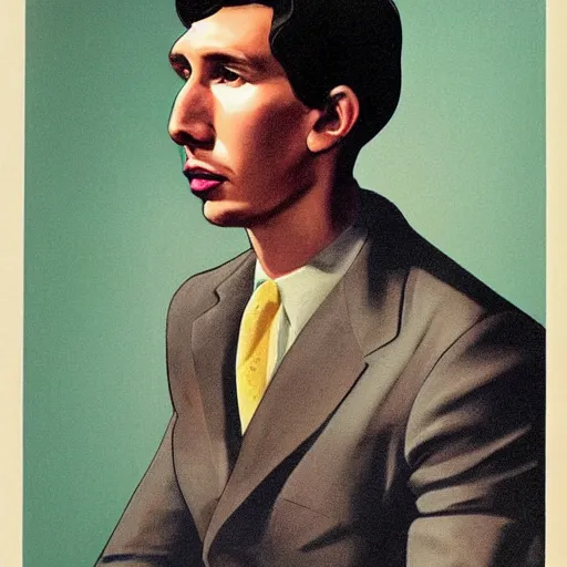 Prompt: “Adam Driver portrait, color vintage magazine illustration 1950”