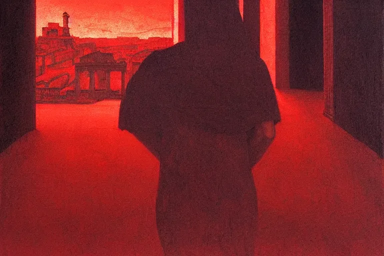 Image similar to only with red, caesar after war, a red tiger, in hoc signo vinces, rome in background, an ancient path, in the style of beksinski, part by hopper, part by rodcenko, part by hofbauer, intricate composition, red by caravaggio, insanely quality, highly detailed, masterpiece, red light, artstation