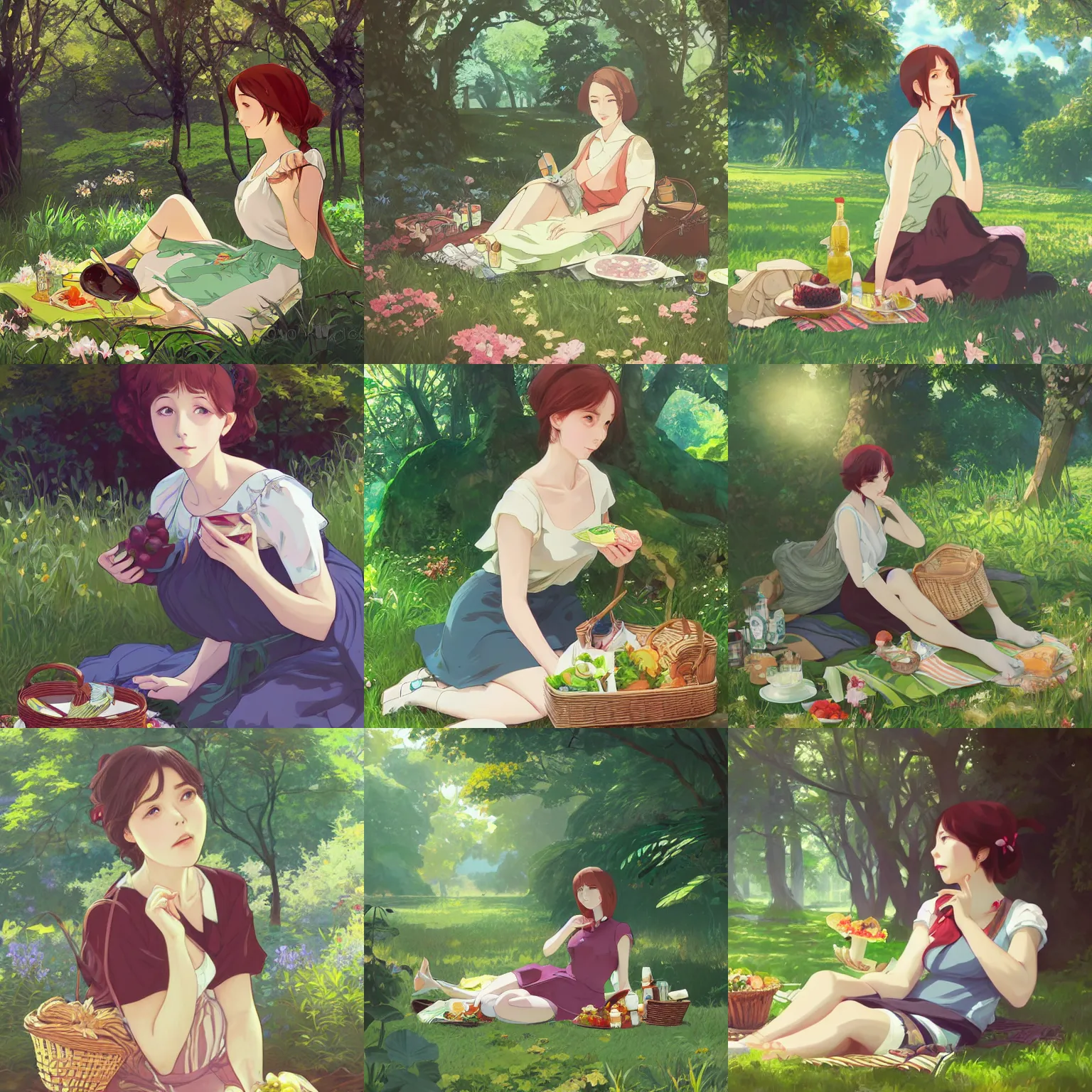 Prompt: woman having a picnic in a lush park, finely illustrated face, highly detailed, digital painting, photorealistic, studio ghibli key visual, in the style of ilya kuvshinov and krenz cushart and alphonse mucha