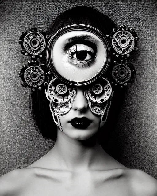 Image similar to black and white masterpiece profile portrait, one steampunk eye silver hexagonal meshes floral biomechanical beautiful young female cyborg, big monocular, volumetric light, hibiscus flowers, by hg giger, rim light, big gothic fashion pearl embroidered collar, 8 k