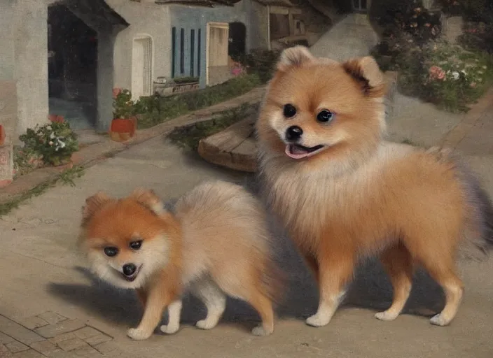 Image similar to too many pomeranians in the street, idealized pleasant fresco of a suburban area, trending on pixiv, brilliant pomeranian puppies in the street.