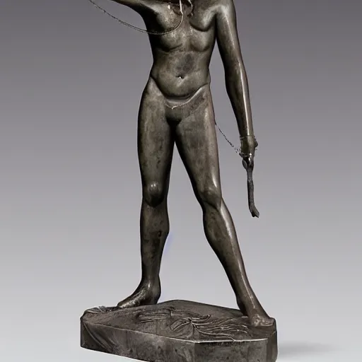 Image similar to long shot photo of a soapstone Art Deco statue Hades wearing a tunic, long pants,Cerberus on his side,sculped by Paul Landowski,Jean Dupas, Tamara de Lempicka, Reginald Marsh, Rockwell Kent, and Diego Rivera,beared,long shot,wide shot,low angle,Sigma 85 mm,very detailed,unreal-engine,city in the background