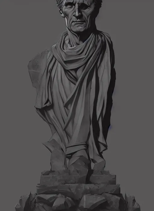 Prompt: stone statue of julius caesar in a dark landscape, epic lighting, in the style of artgerm and charlie bowater and atey ghailan and mike mignola, vibrant colors and hard shadows and strong rim light, comic cover art, plain background, trending on artstation