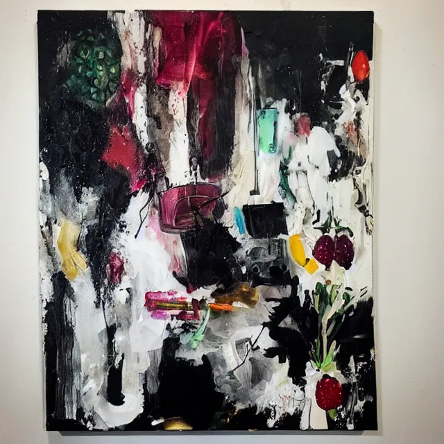 Image similar to “ a portrait in a female art student ’ s apartment, sensual, art supplies, paint tubes, palette knife, pigs, ikebana, herbs, a candle dripping white wax, black walls, squashed berries, berry juice drips, acrylic and spray paint and oilstick on canvas, surrealism, neoexpressionism ”