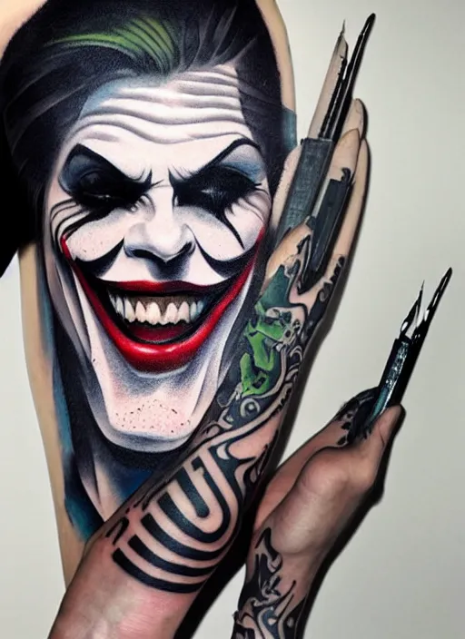 Image similar to a tattoo design of a joker girl holding an ace, hyper realistic, black and white