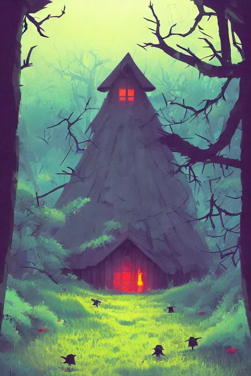 Prompt: a scary lonely witch's hut in the forest a lot of crows circling from above the view at the foot rule of thirds golden ratio, fake detail, trending pixiv fanbox, acrylic palette knife, style of makoto shinkai studio ghibli genshin impact james gilleard greg rutkowski chiho aoshima