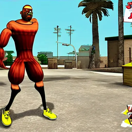 Prompt: Mr. Krabs shakes muscles in Gym from GTA San Andreas