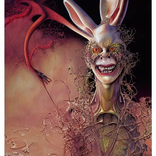 Prompt: realistic detailed image of Roger Rabbit by Ayami Kojima, Amano, Karol Bak, Greg Hildebrandt, and Mark Brooks, Neo-Gothic, gothic, rich deep colors. Beksinski painting, part by Adrian Ghenie and Gerhard Richter. art by Takato Yamamoto. masterpiece