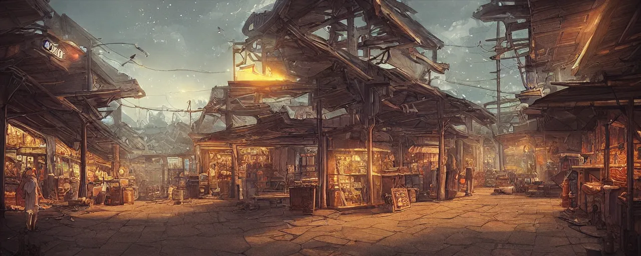 Image similar to “The eerie, forlorn atmosphere of a marketplace that is usually bustling with people but is now destroyed by wildfire in the style of studio ghibli, fantasy book illustration 8k movie poster, cinematic composition, ultra detailed, HDR shot”