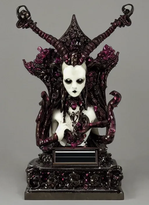 Image similar to award statue for best demon, occult inspired, grimdark gothic filigree rococo styling, made of polished faceted ivory, faceted ruby accents, infernal, museum lighting